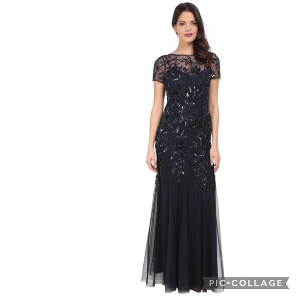 Adrianna papell PLUS SIZyshort sleeves Floral Beaded Godet long Gown - Picture 9 of 16